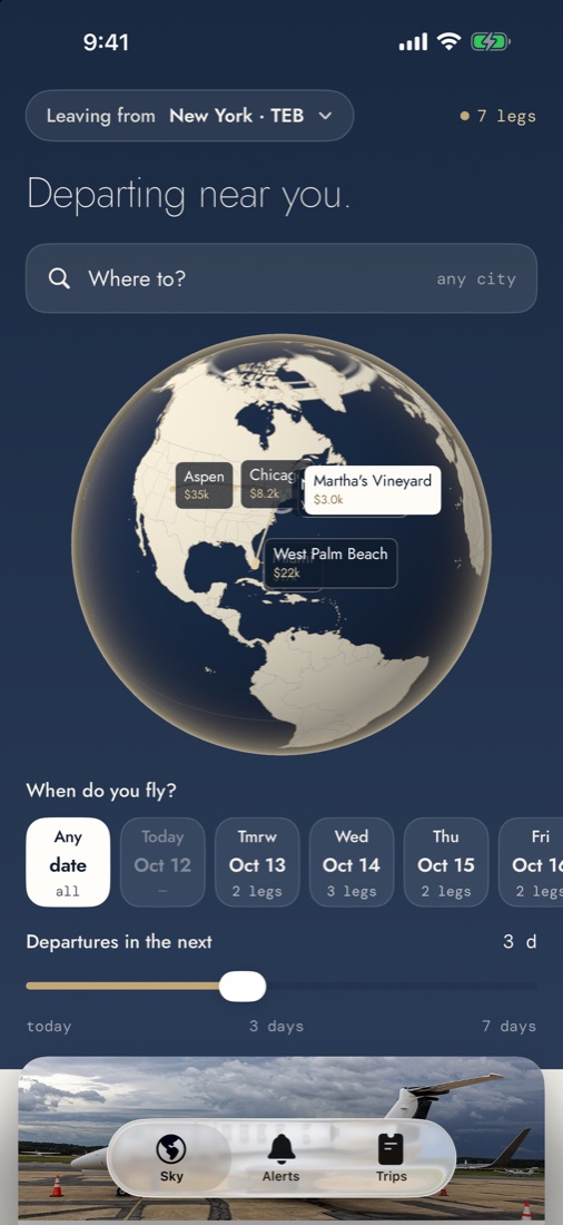 JetLink app: globe with departures and a date picker
