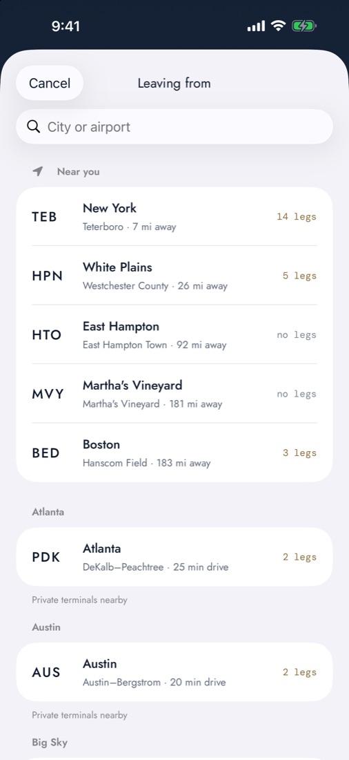 JetLink app: private airports near you, with distance and legs departing