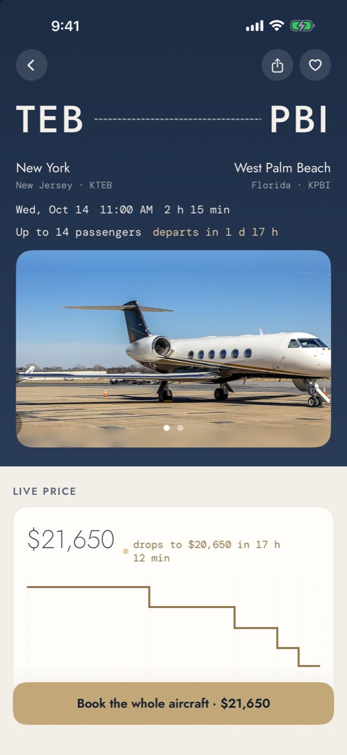 JetLink app: flight from Teterboro to West Palm Beach with live price